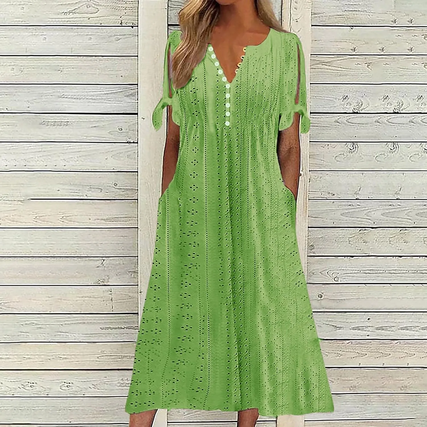 Eyelet Dresses for Women 2025 Short Sleeve V Neck Maxi Dress Casual Summer Beach Vacation Trendy Boho Long Sundress