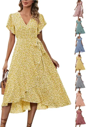 Floral Midi Dress for Women Flowy Vintage Casual A Line Wrap Dress Beach Vacation Trendy Boho V Neck Sundress