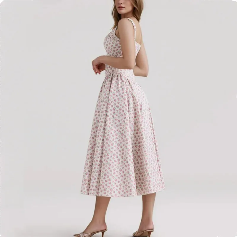 Floral Print Square Neck Graceful Strap Flare Midi Dress