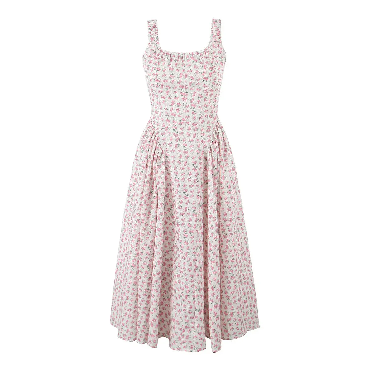 Floral Print Square Neck Graceful Strap Flare Midi Dress