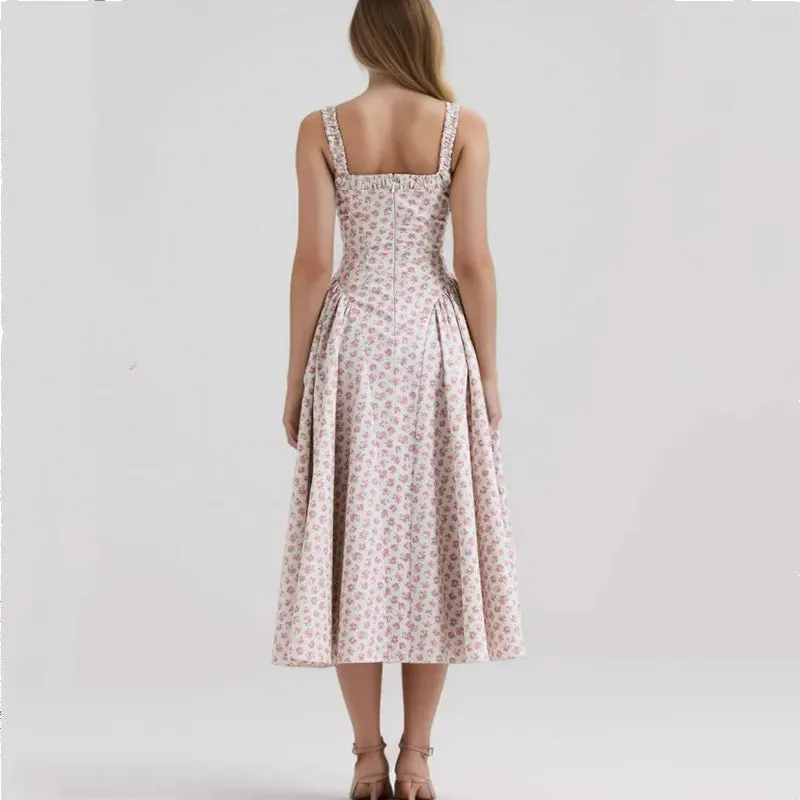 Floral Print Square Neck Graceful Strap Flare Midi Dress