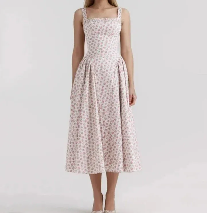 Floral Print Square Neck Graceful Strap Flare Midi Dress