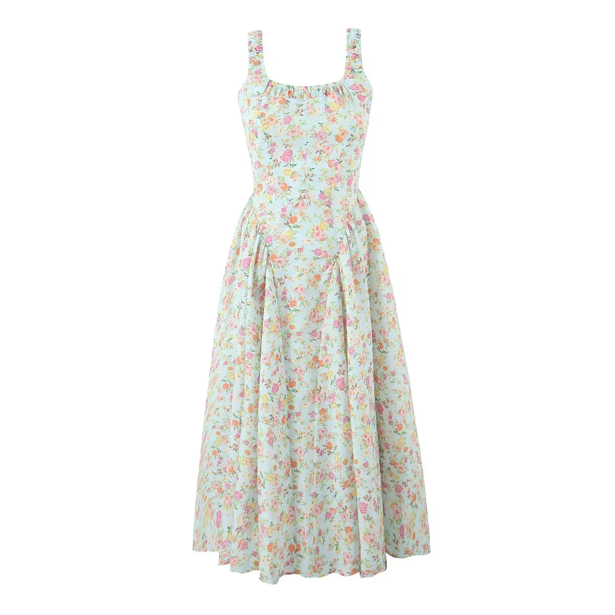 Floral Print Square Neck Graceful Strap Flare Midi Dress