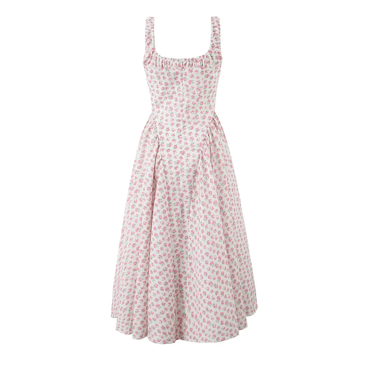 Floral Print Square Neck Graceful Strap Flare Midi Dress