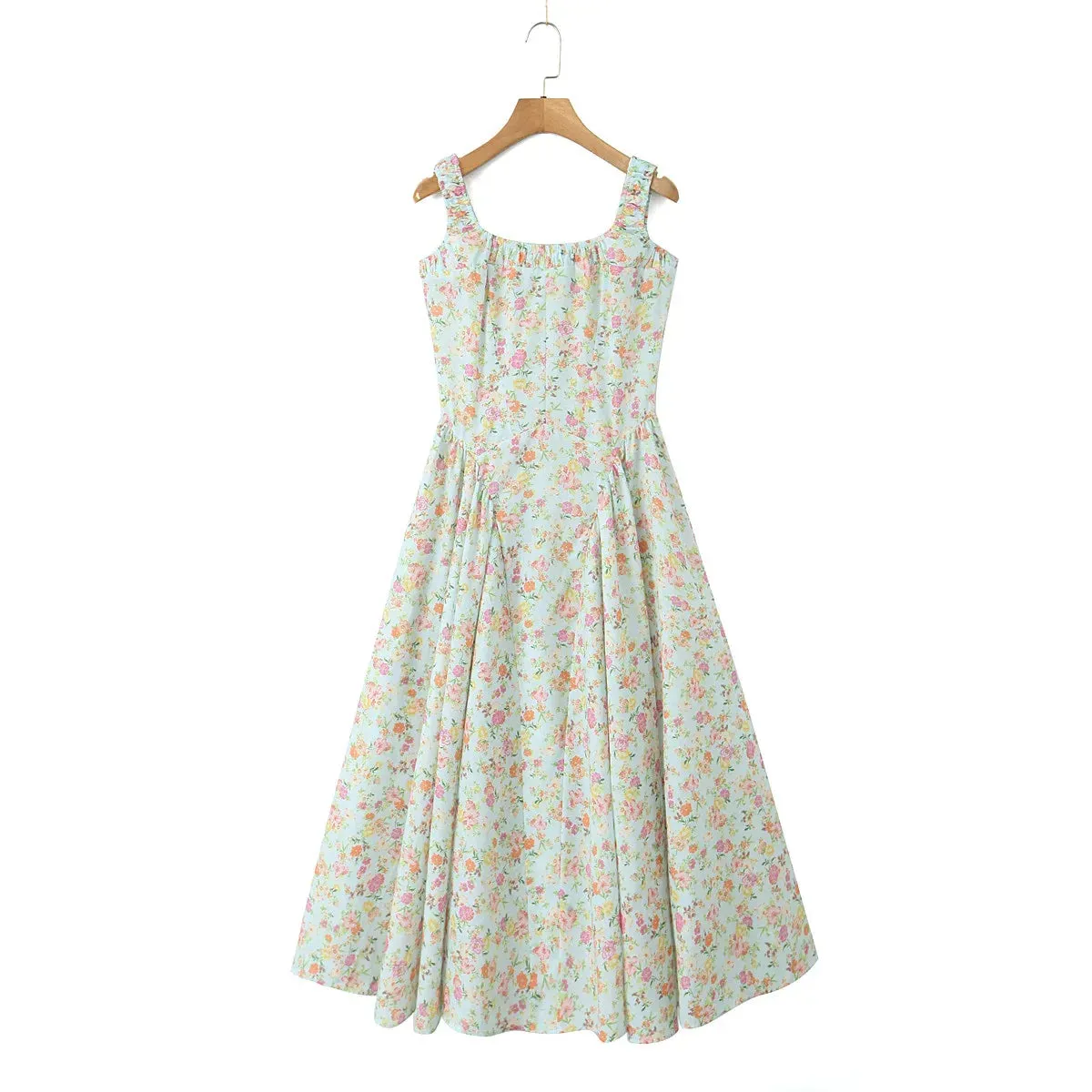 Floral Print Square Neck Graceful Strap Flare Midi Dress