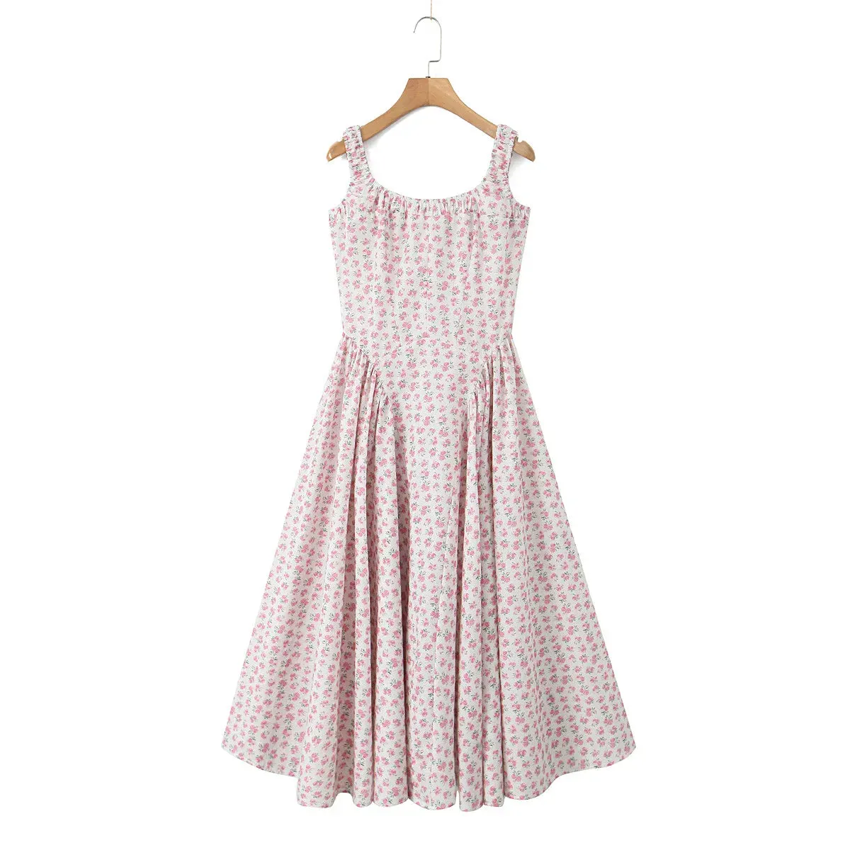 Floral Print Square Neck Graceful Strap Flare Midi Dress