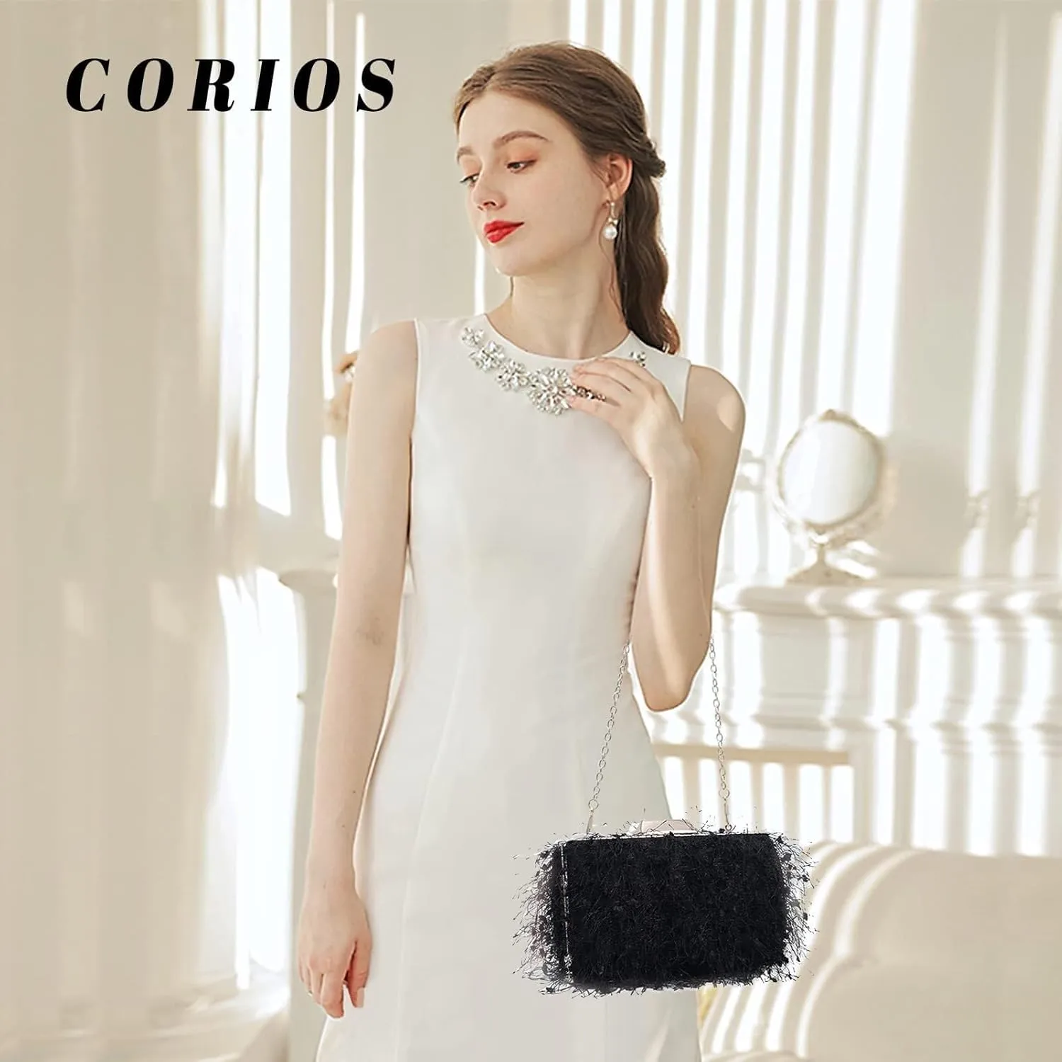 Fluffy Evening Shoulder Bridal Wedding Handbag Elegant Crossbody Small Clutch Purses for Women