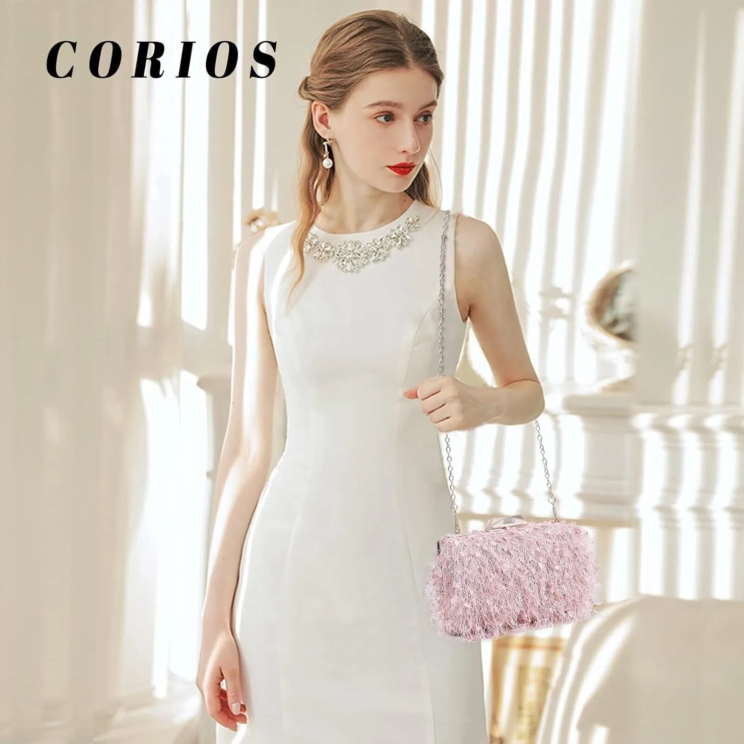 Fluffy Evening Shoulder Bridal Wedding Handbag Elegant Crossbody Small Clutch Purses for Women