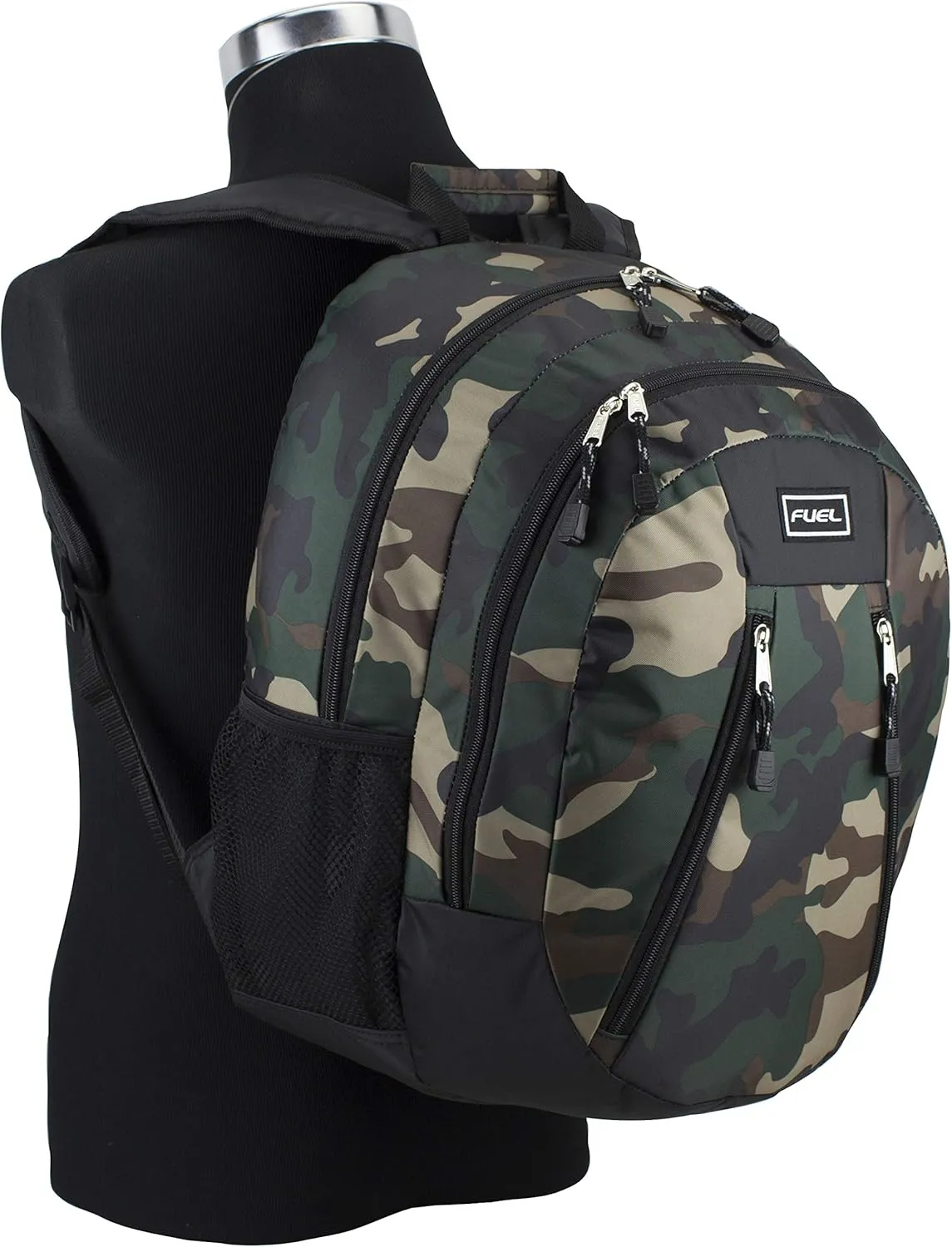 FUEL Sport Multi-Functional Carry On Luggage Weekender Gym Active Water Resistant Daypack Backpack Bag, Black and Green Camouflage