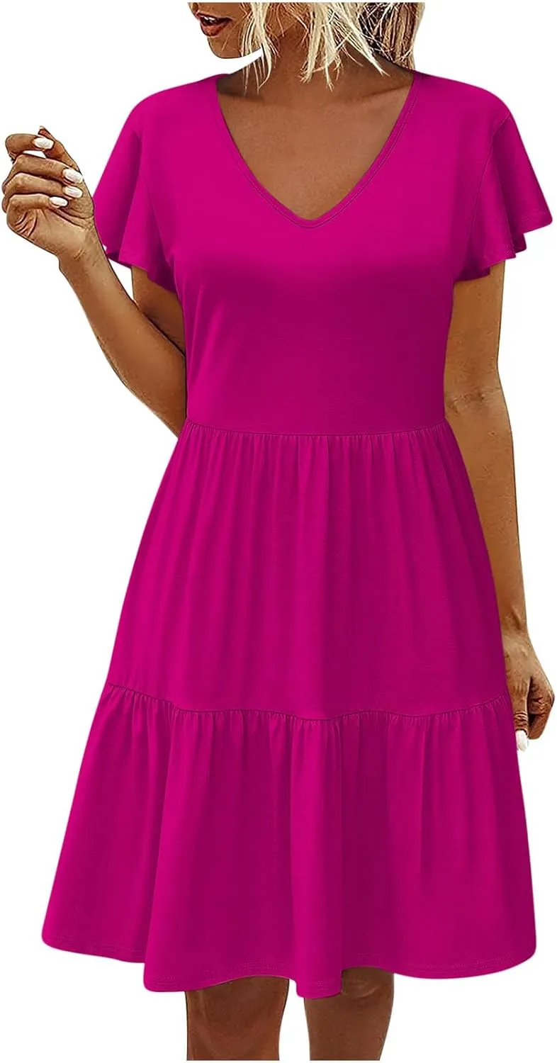 FZYLQY Womens 2024 Summer Casual Dresses Short Sleeve Ruffle V Neck Beach Mini Dress Smocked High Waist Short Sundresses