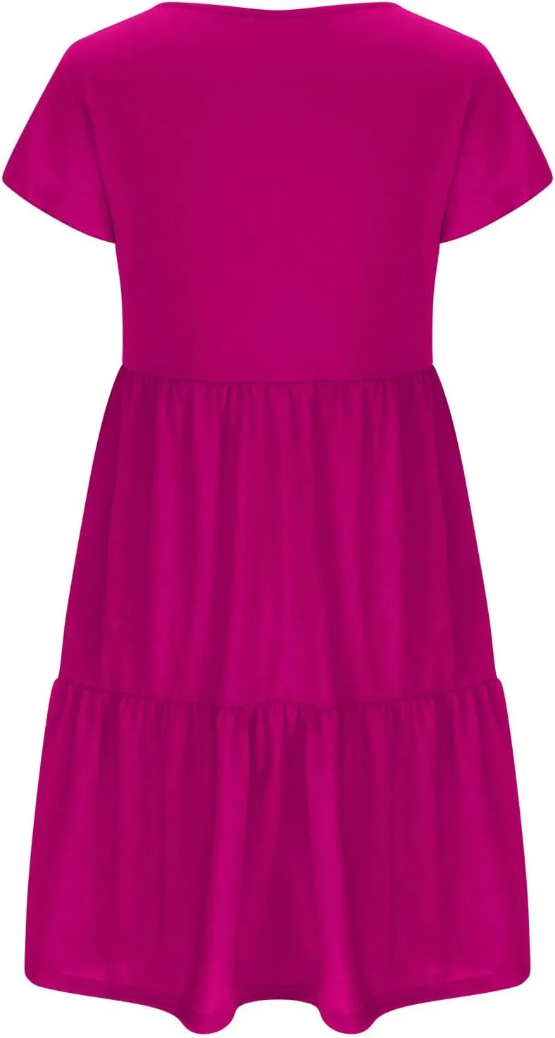 FZYLQY Womens 2024 Summer Casual Dresses Short Sleeve Ruffle V Neck Beach Mini Dress Smocked High Waist Short Sundresses