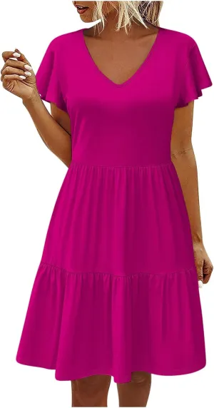 FZYLQY Womens 2024 Summer Casual Dresses Short Sleeve Ruffle V Neck Beach Mini Dress Smocked High Waist Short Sundresses
