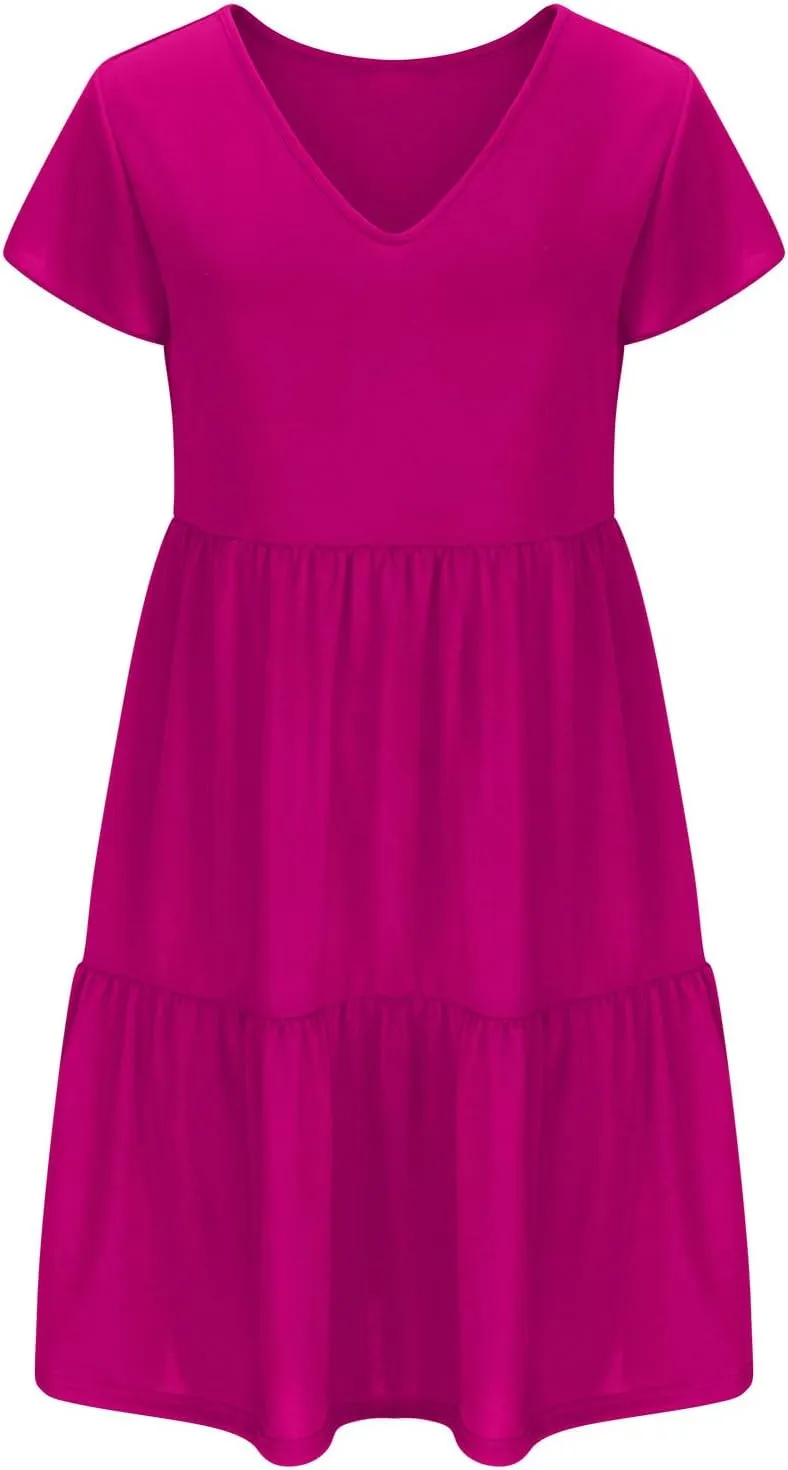 FZYLQY Womens 2024 Summer Casual Dresses Short Sleeve Ruffle V Neck Beach Mini Dress Smocked High Waist Short Sundresses