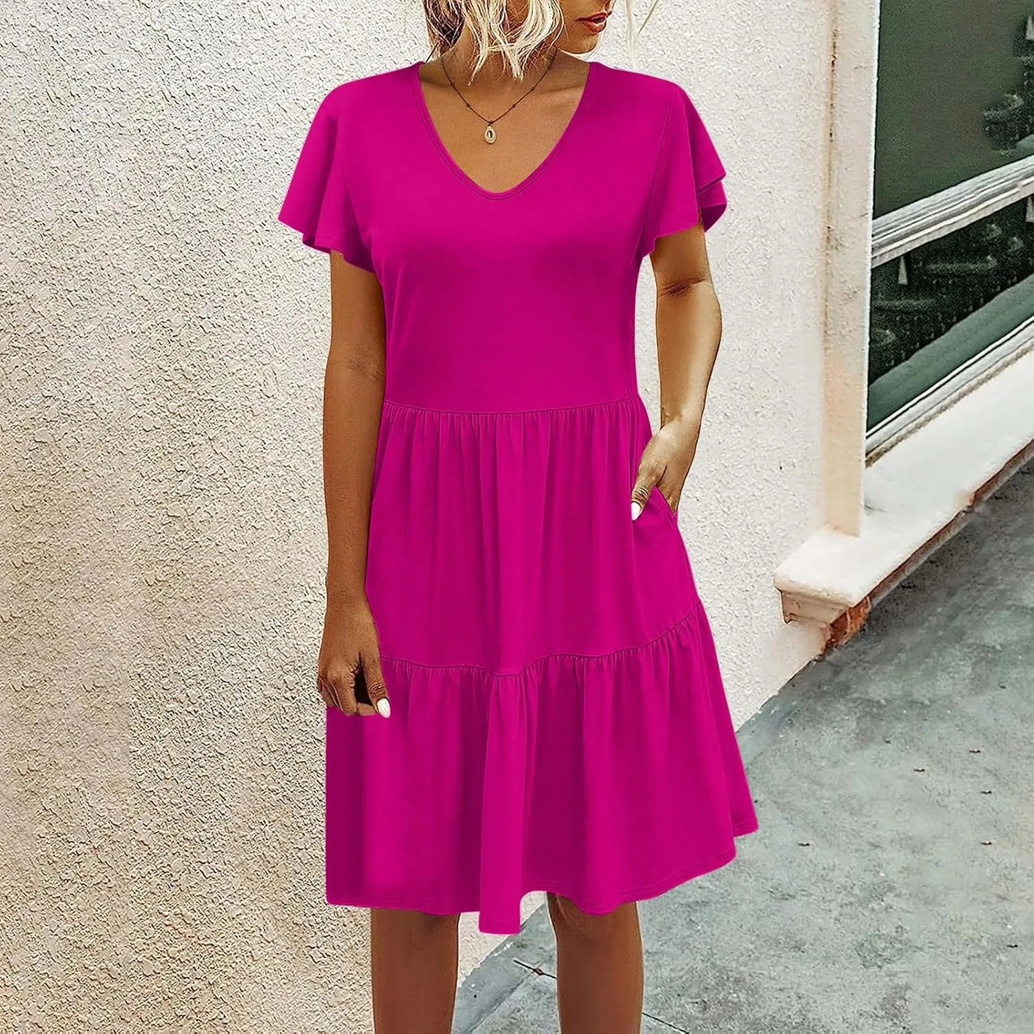 FZYLQY Womens 2024 Summer Casual Dresses Short Sleeve Ruffle V Neck Beach Mini Dress Smocked High Waist Short Sundresses