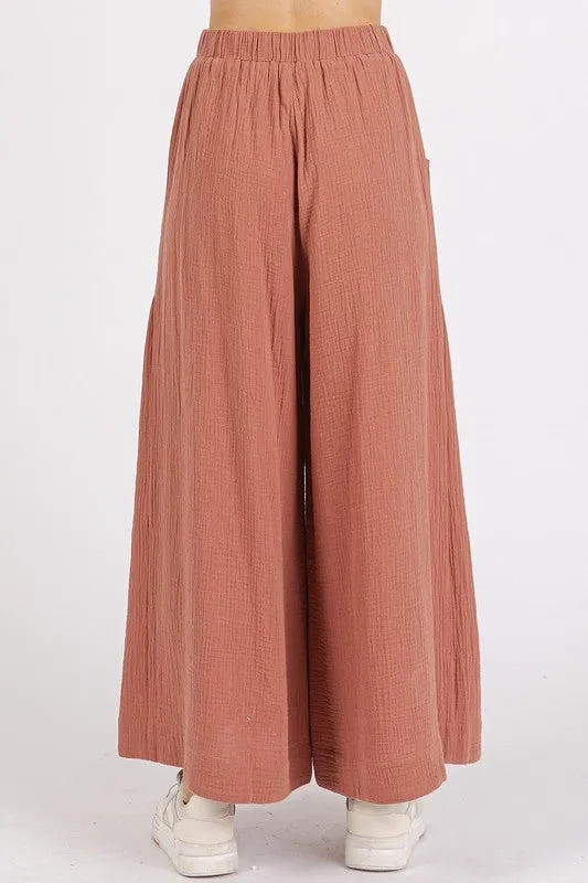 Gauze Elastic Waist Pleated Wide Leg Bohemian Pants