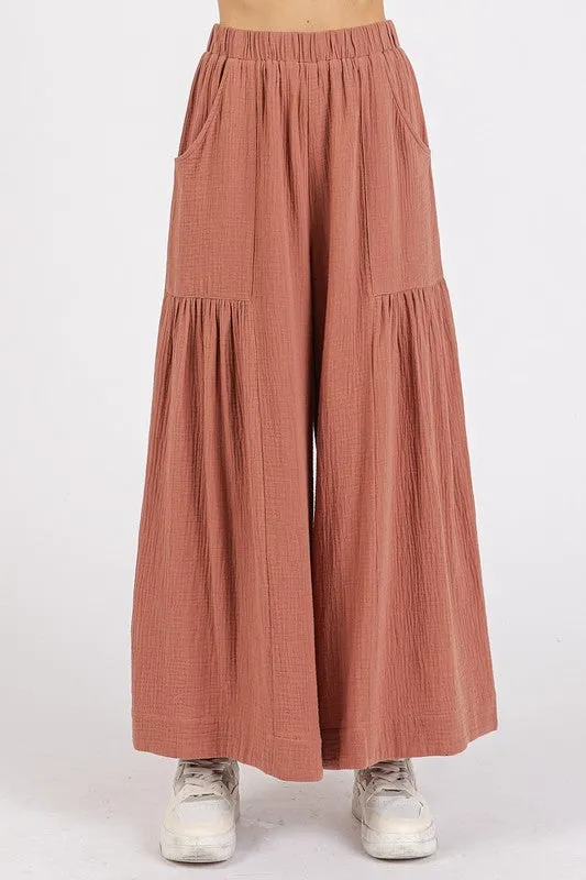 Gauze Elastic Waist Pleated Wide Leg Bohemian Pants