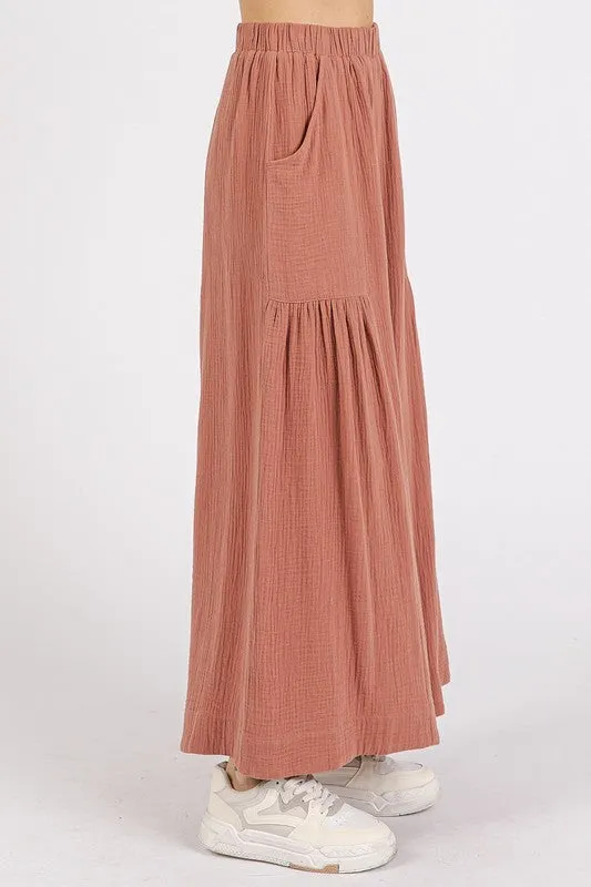 Gauze Elastic Waist Pleated Wide Leg Bohemian Pants