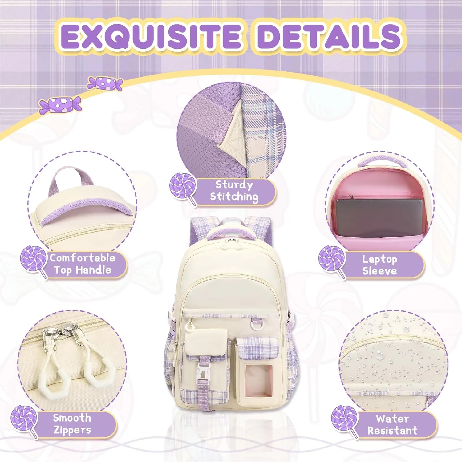Girls Backpack, Lightweight Kids Backpack Functional Pockets Kawaii Teen School Backpack Watrer Resistant Bookbag for Primary Elementary School,Age 6-14 years,Beige