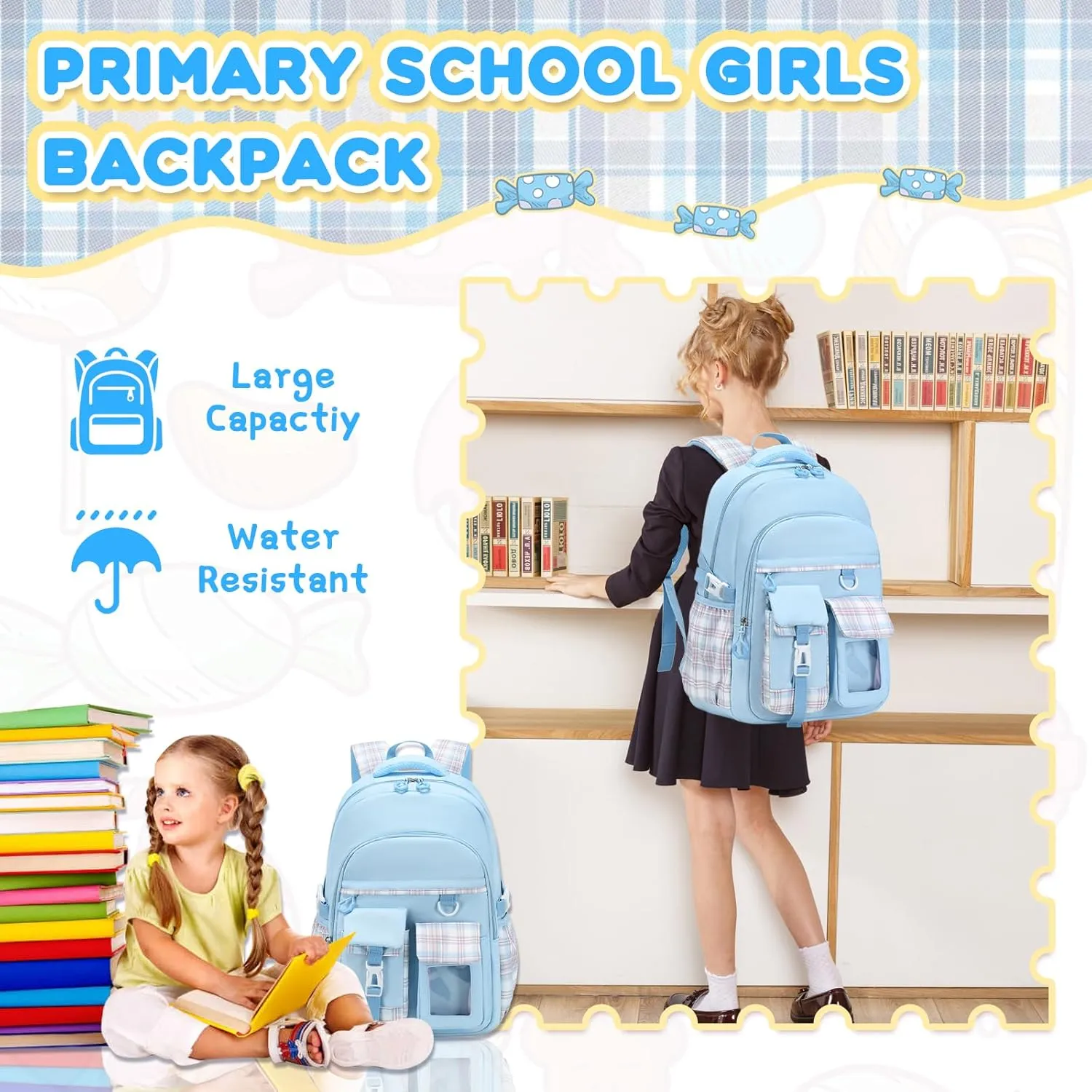 Girls Backpack, Lightweight Kids Backpack Functional Pockets Kawaii Teen School Backpacks Bookbag for Primary Elementary School,Age 6-14 years,Blue