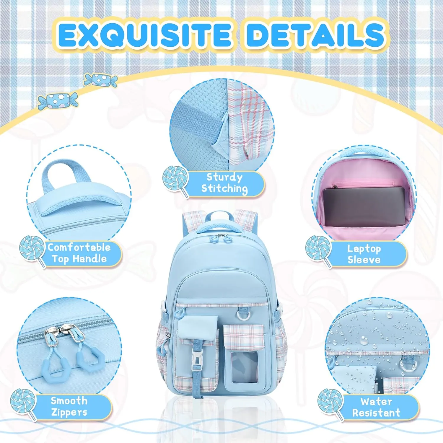 Girls Backpack, Lightweight Kids Backpack Functional Pockets Kawaii Teen School Backpacks Bookbag for Primary Elementary School,Age 6-14 years,Blue