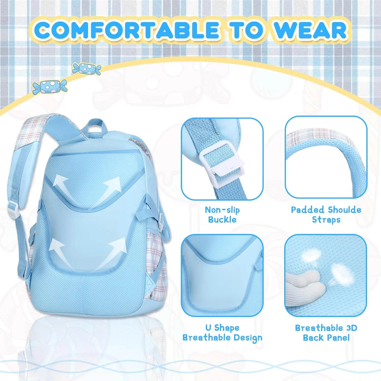 Girls Backpack, Lightweight Kids Backpack Functional Pockets Kawaii Teen School Backpacks Bookbag for Primary Elementary School,Age 6-14 years,Blue
