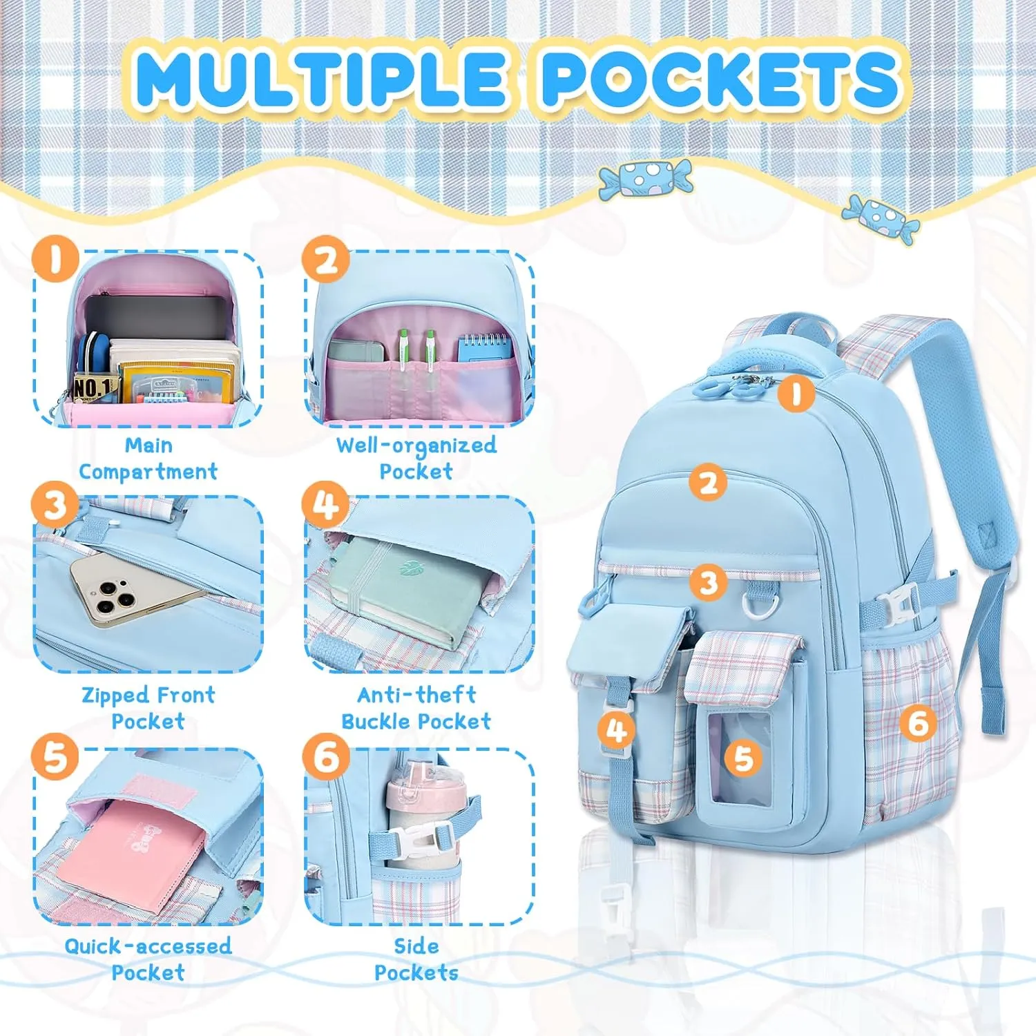 Girls Backpack, Lightweight Kids Backpack Functional Pockets Kawaii Teen School Backpacks Bookbag for Primary Elementary School,Age 6-14 years,Blue