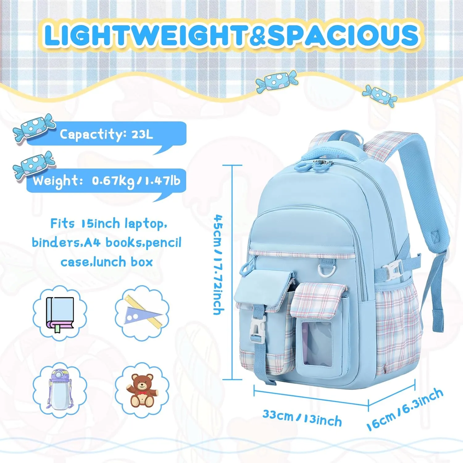Girls Backpack, Lightweight Kids Backpack Functional Pockets Kawaii Teen School Backpacks Bookbag for Primary Elementary School,Age 6-14 years,Blue
