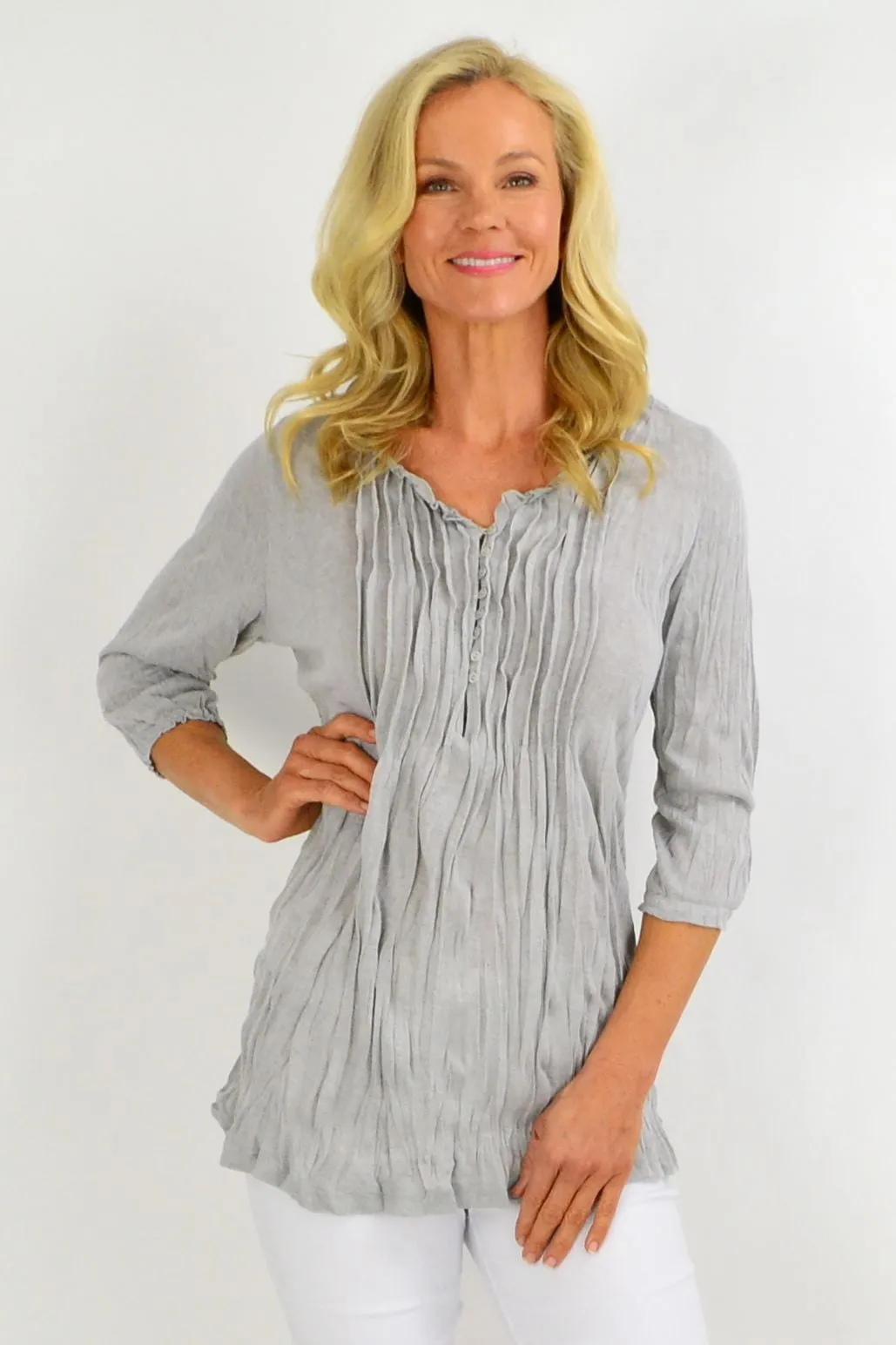 Grey Pleat Crinkle Tunic Top