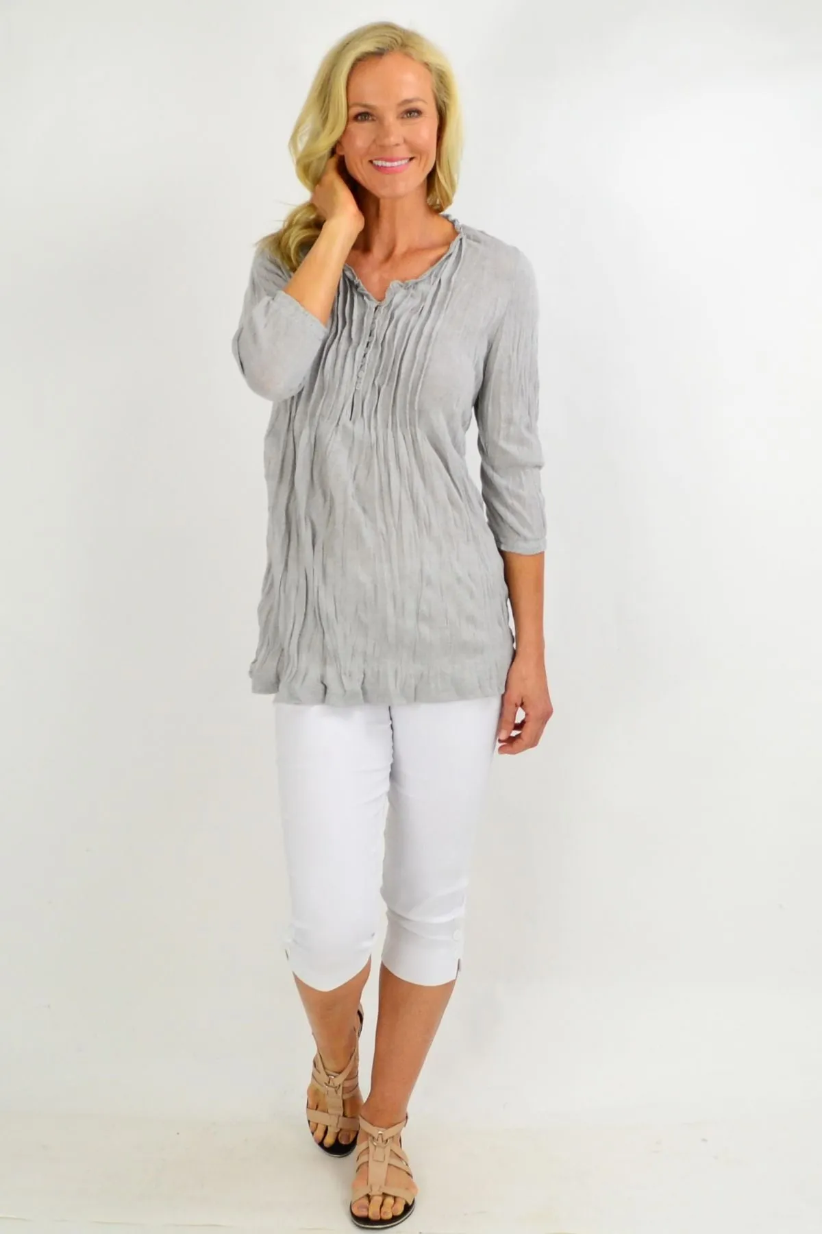Grey Pleat Crinkle Tunic Top