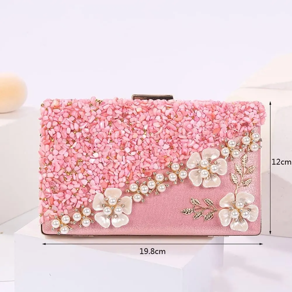 Handbag with Pearls for Women, Elegant Night Handbag with Shoulder Straps, Flower Rhinestone Party Wedding Clutch (Color : White)