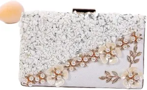 Handbag with Pearls for Women, Elegant Night Handbag with Shoulder Straps, Flower Rhinestone Party Wedding Clutch (Color : White)
