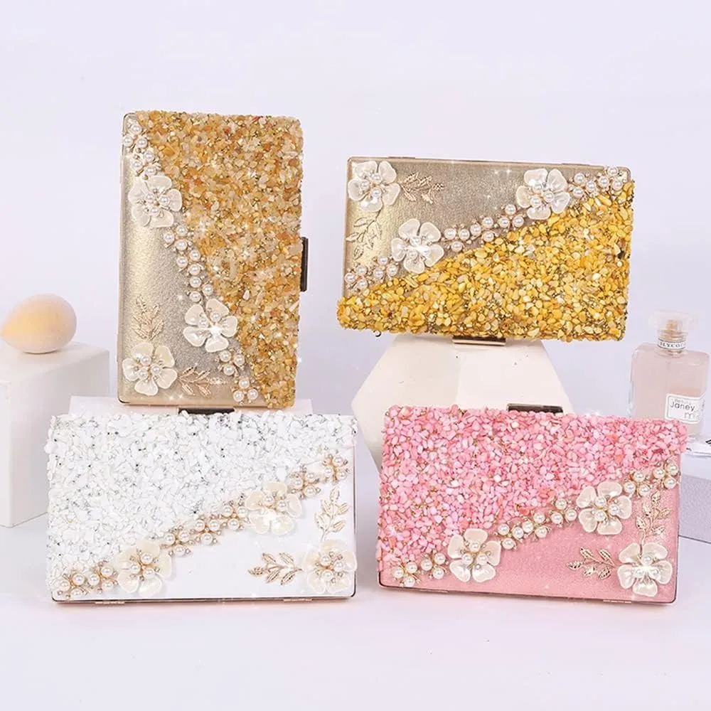 Handbag with Pearls for Women, Elegant Night Handbag with Shoulder Straps, Flower Rhinestone Party Wedding Clutch (Color : White)