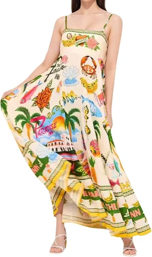 Hawaiian Dresses for Women Loose Striped Sleeveless Spaghetti Strap Boho Dress Flowy Graffiti Long Aline Sun Dress