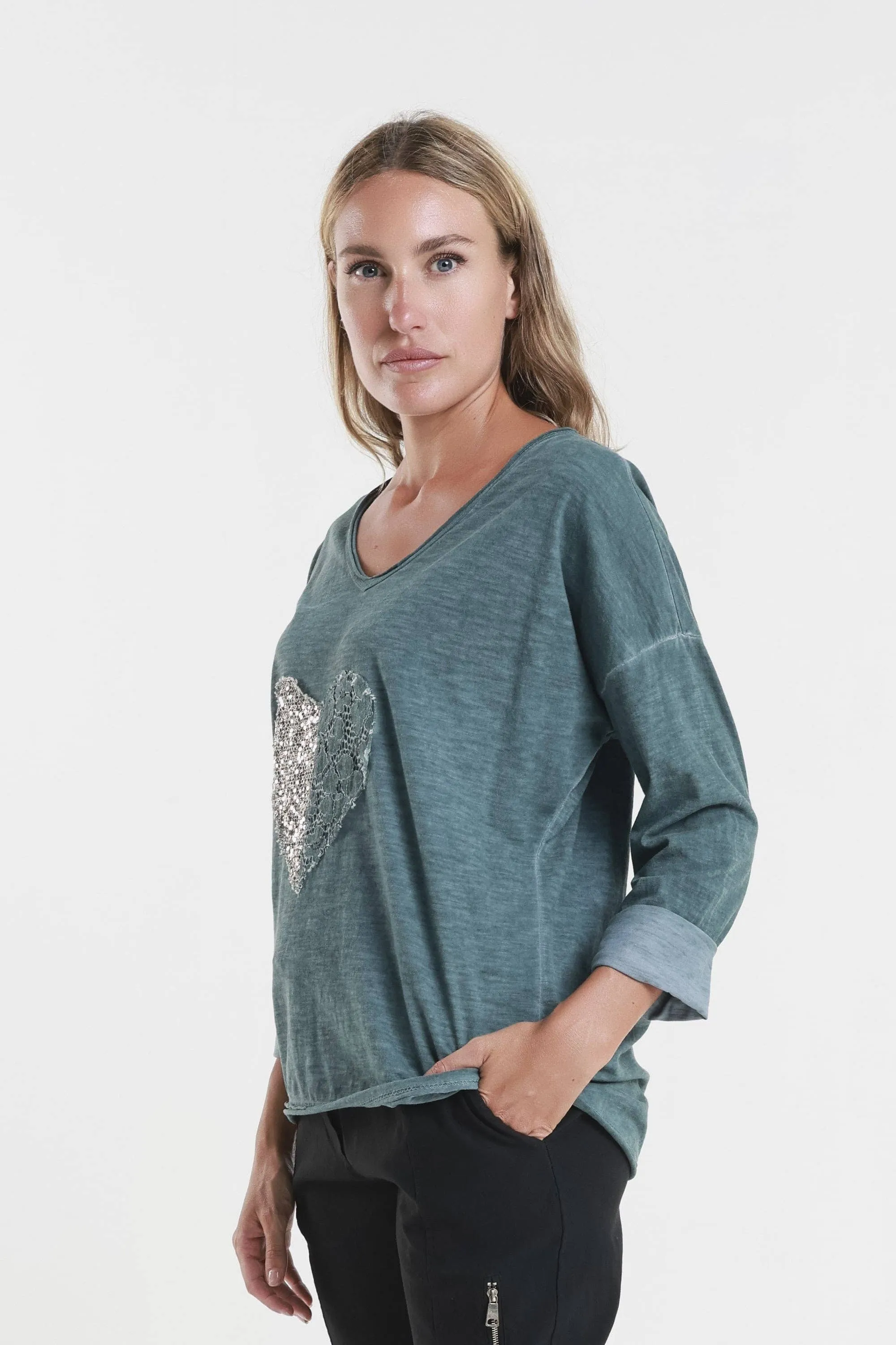 Heart Janice Long Sleeve Sequin/Lace Heart Top
