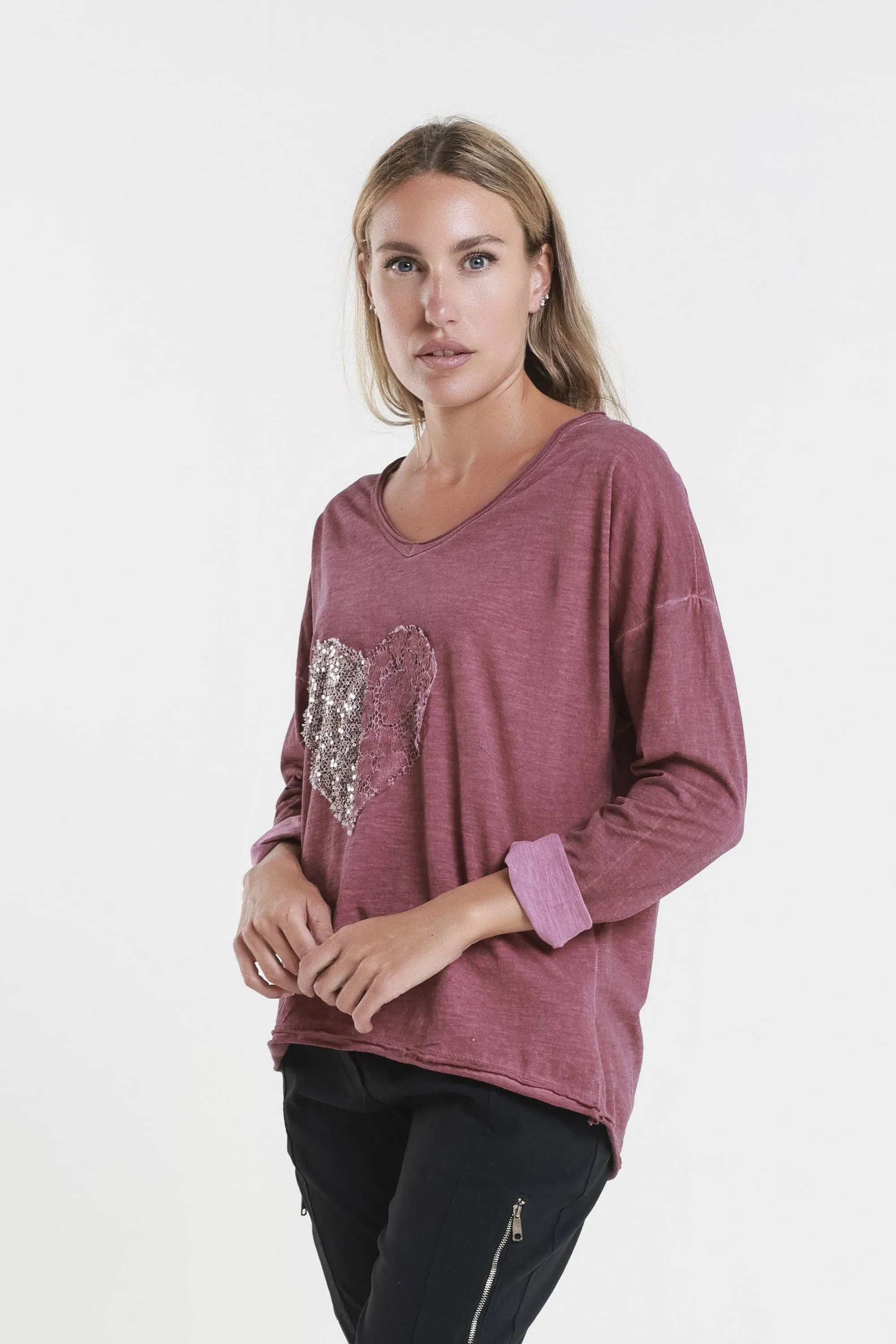 Heart Janice Long Sleeve Sequin/Lace Heart Top