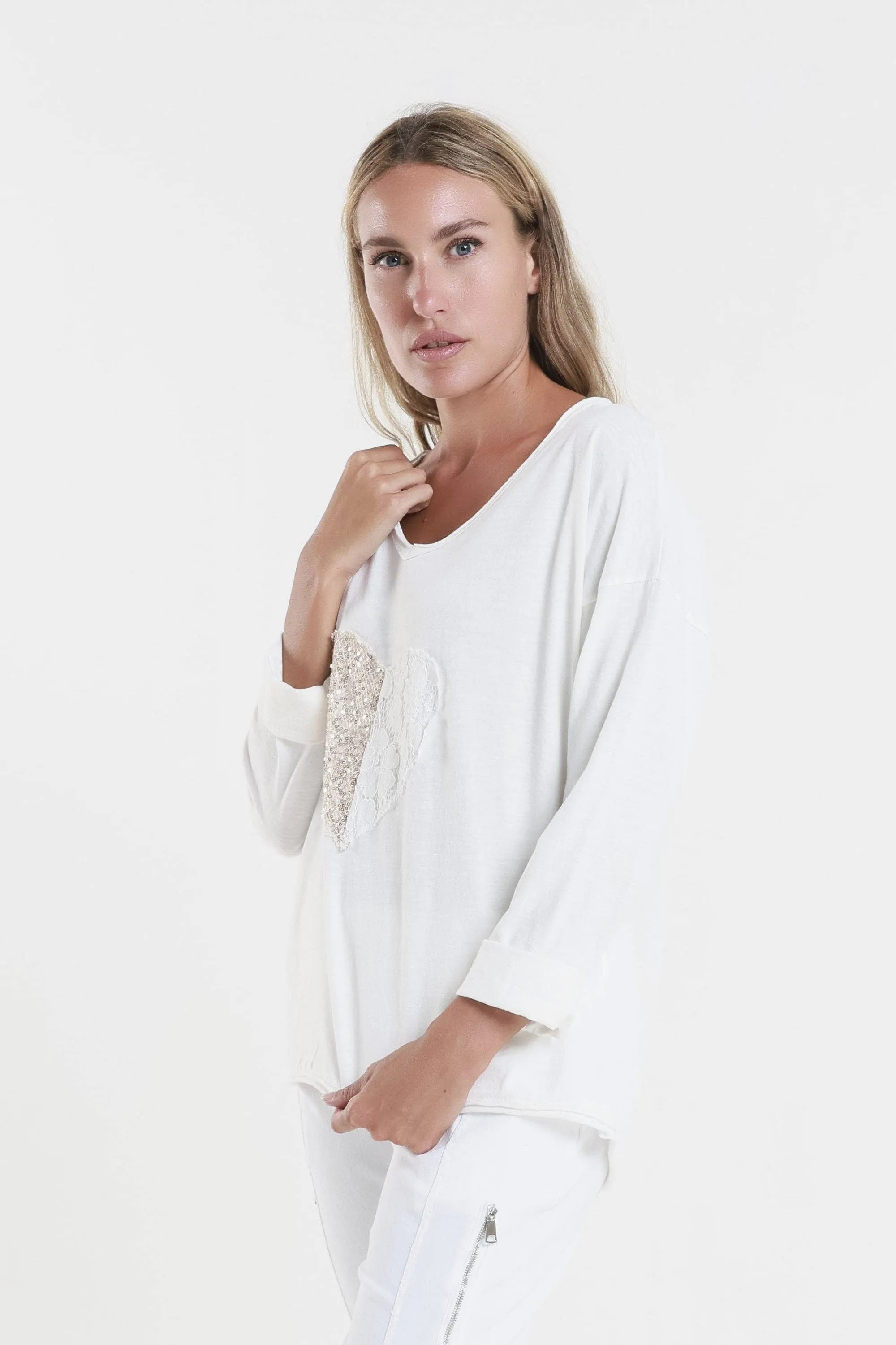 Heart Janice Long Sleeve Sequin/Lace Heart Top