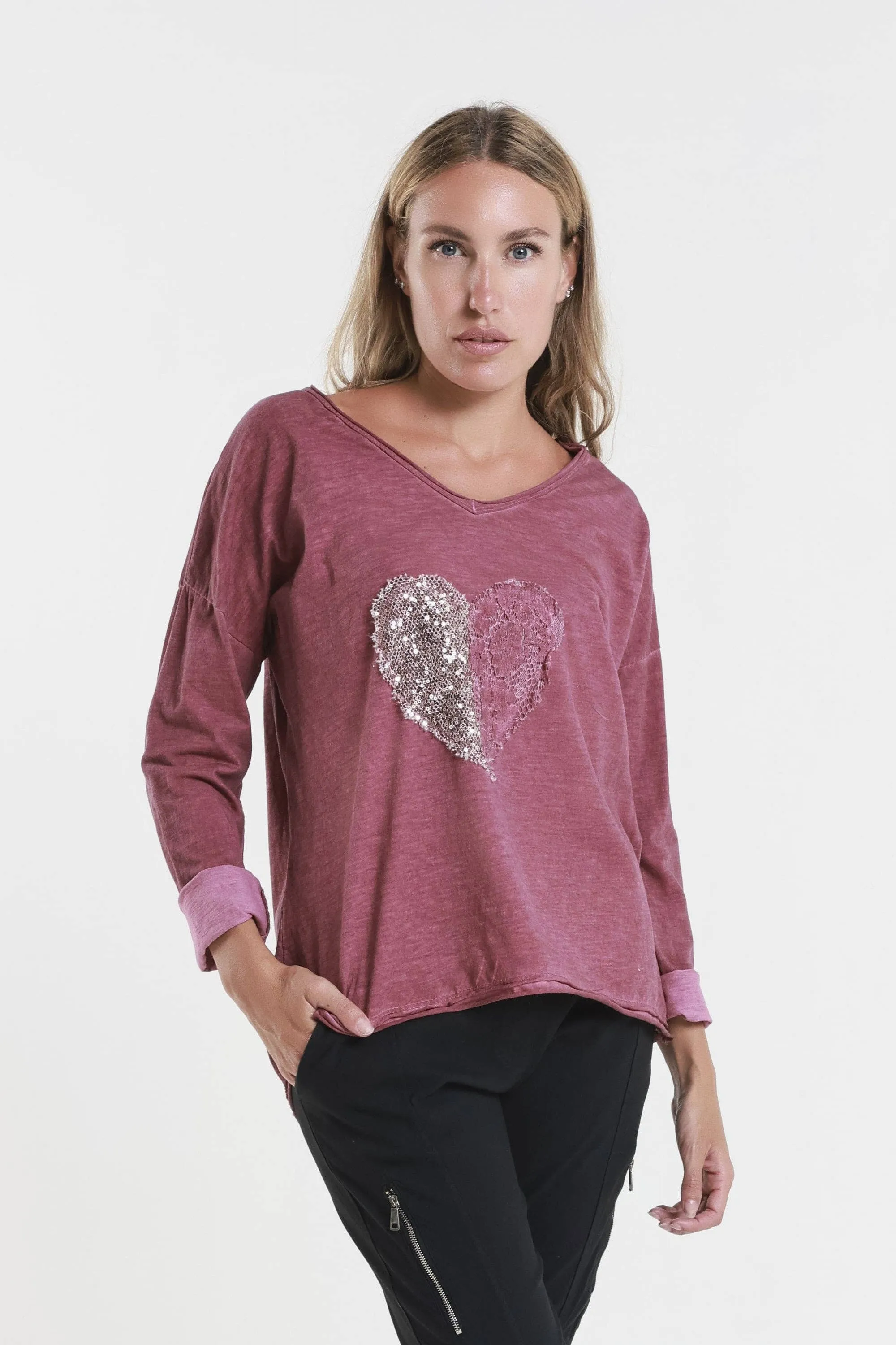 Heart Janice Long Sleeve Sequin/Lace Heart Top