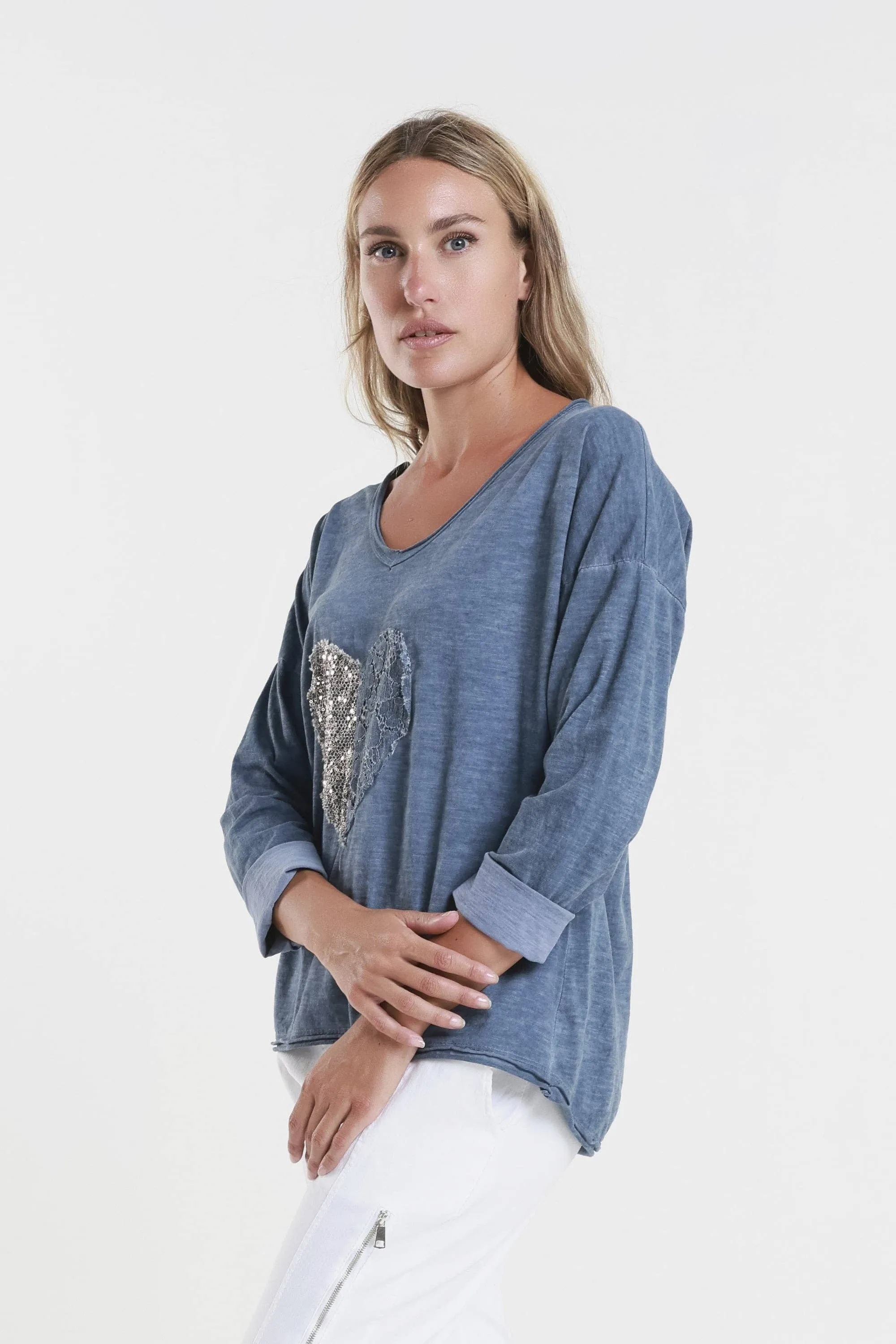 Heart Janice Long Sleeve Sequin/Lace Heart Top