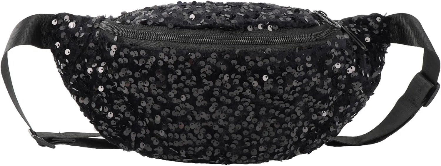 Hoce Women Fanny Packs Glitter Waist Bag Ladies Bum Bag Multi-Functional Sling Bag Black Chest Bag with Adjustable Strap