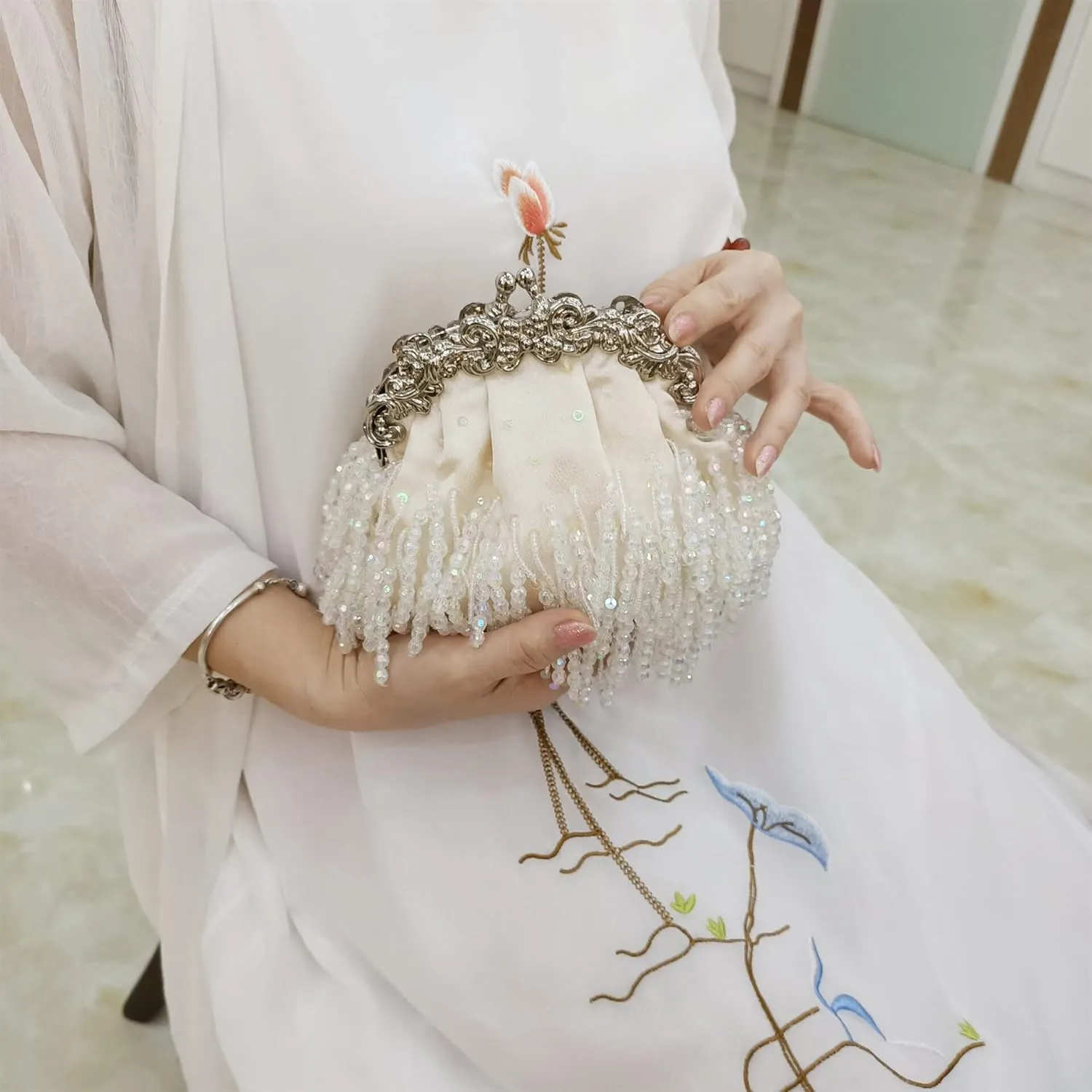 HUFFA Luxury Tassels Night Party Purses Elegant Bridal Handbags White Women Wedding Dress Bags Bride Clutch Bag