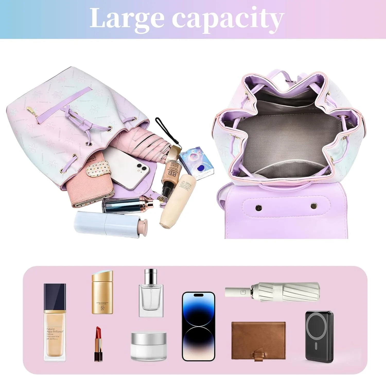 I IHAYNER Leather Drawstring Backpack for Women Stylish Color-Blocked Printed Design Durable Functional Backpack for Travel Beige