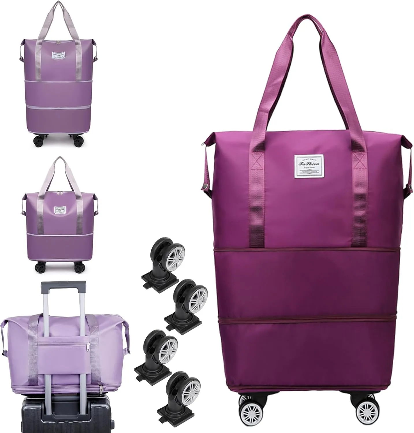 Kulken Travel Bag With Wheels, 2025 New Large Capacity Travel Bag - Universal Wheel Removable, 27L - 50L TravelBag (Purple Red)