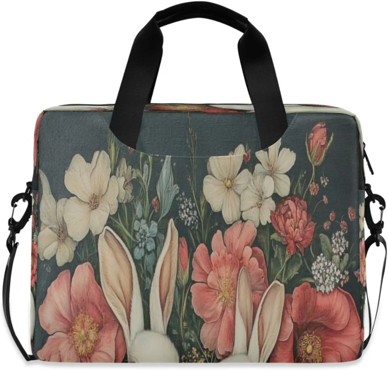 Laptop Bag for Women - Fits 16 inch with Laptop Compartment Carrying Messenger Sleeve with Strap Professional Fashion Travel Purse for Business Office Bag Flower White Rabbit