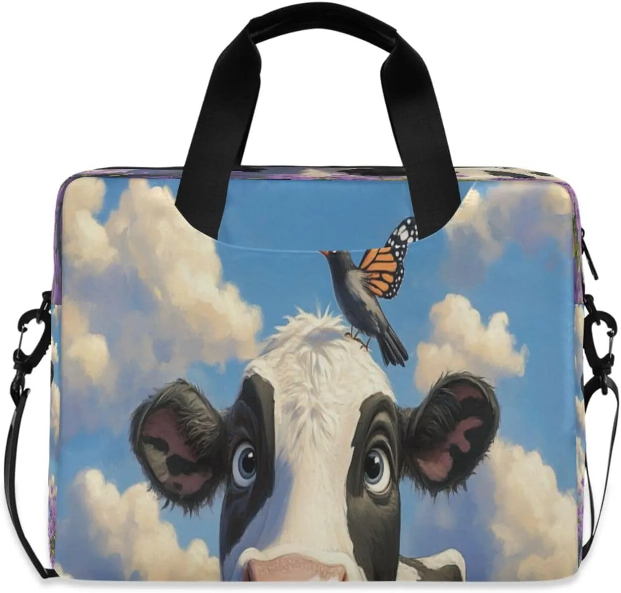 Laptop Bag for Women - Fits 16 inch with Laptop Compartment Carrying Messenger Sleeve with Strap Professional Fashion Travel Purse for Business Office Bag Purple Flower Cow