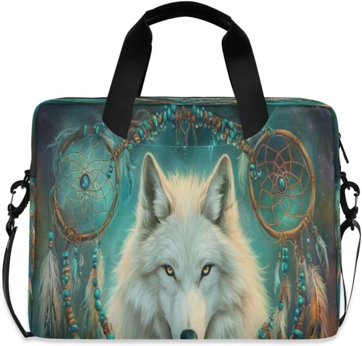 Laptop Bag for Women - Fits 16 inch with Laptop Compartment Carrying Messenger Sleeve with Strap Professional Fashion Travel Purse for Business Office Bag Vintage Feather Wolf