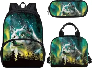 Large Capacity Kids Backpack, Student Starry Sky Wolf Bookbag School Backpack Creative Casual Daypack Schoolbags Set with Insulated Lunch Box and Pencil Bag, Set 3 In 1