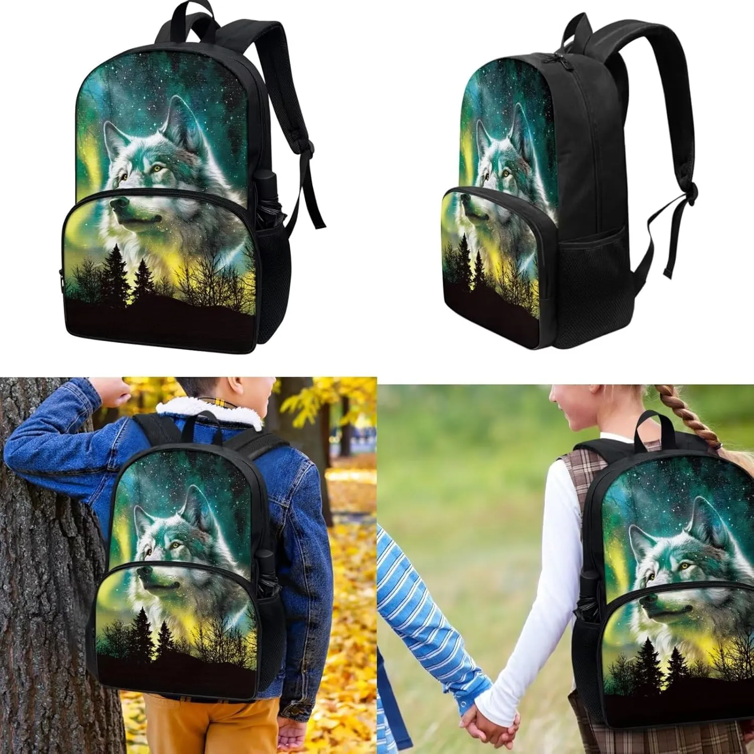 Large Capacity Kids Backpack, Student Starry Sky Wolf Bookbag School Backpack Creative Casual Daypack Schoolbags Set with Insulated Lunch Box and Pencil Bag, Set 3 In 1