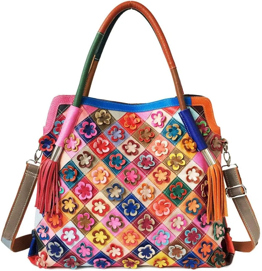 Large Flower Color Matching Leather Bag Beach Tote Bag Multi-functional Big Travel Grocery Lightweight, One Color, One Size
