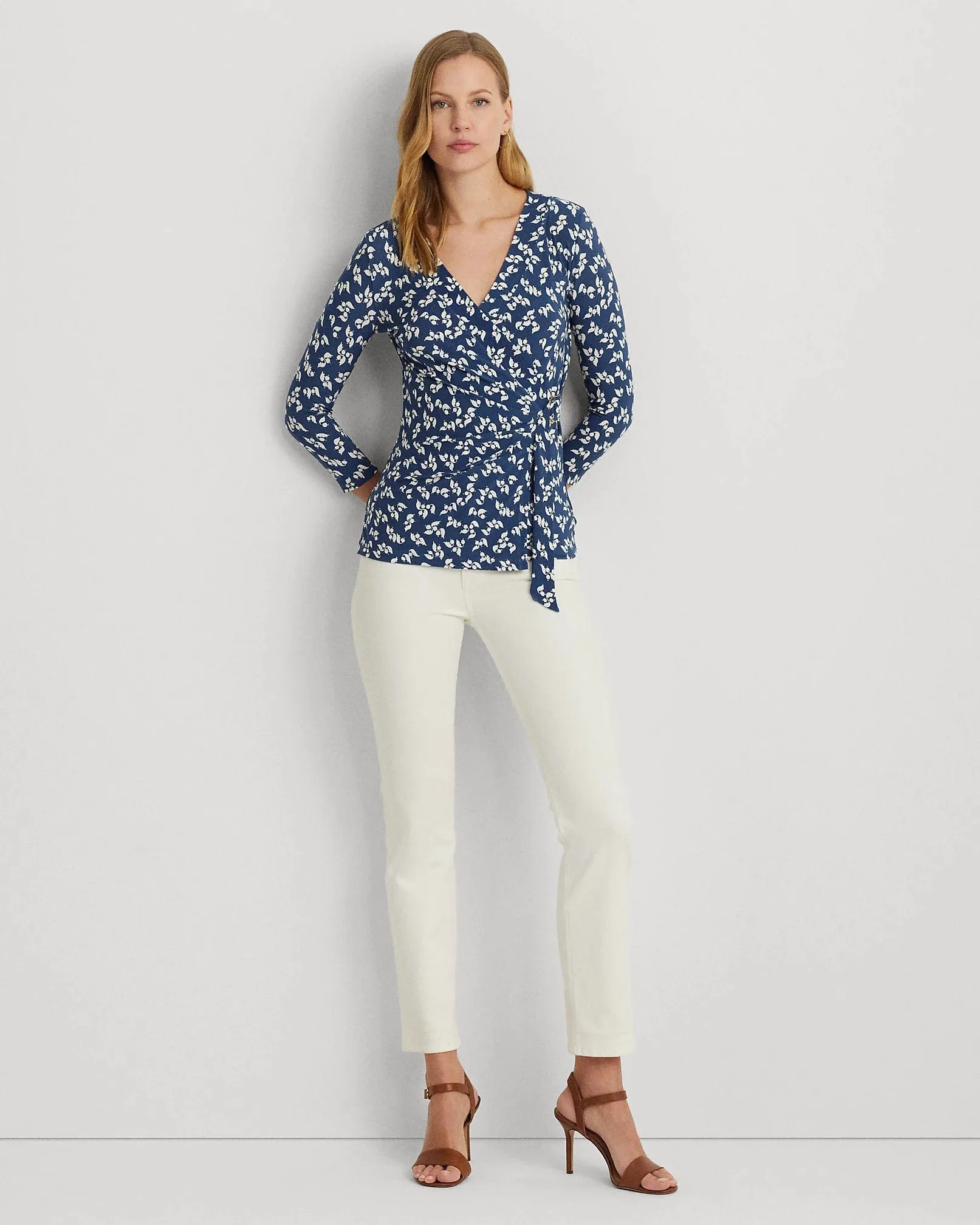 Lauren Ralph Lauren Floral Stretch Jersey Top In Blue / Cream