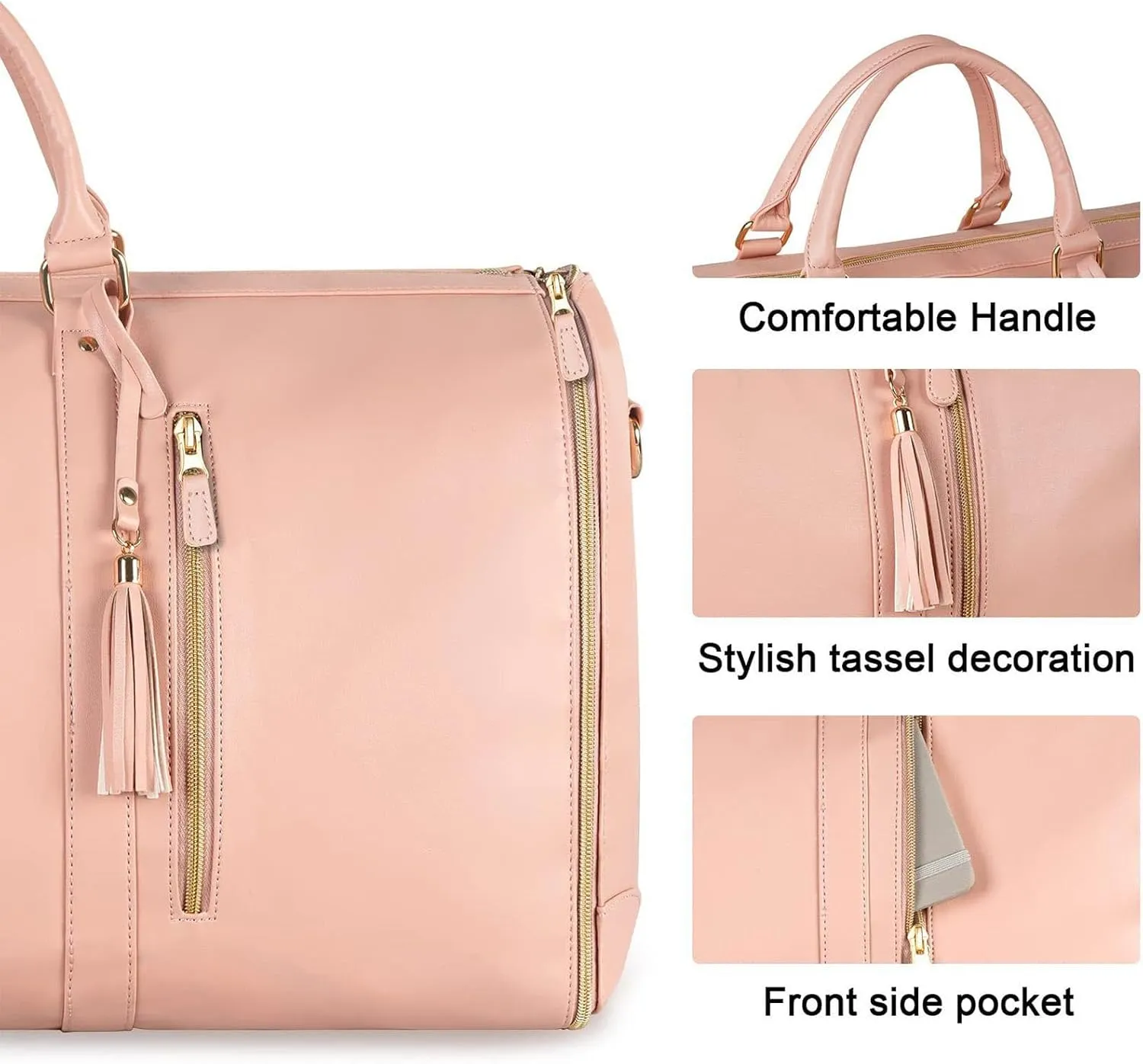 Leather Suit Bag for Travel Man Women Folding Garment Bag Luggage Duffels Bag for Jackets Shoes Weekends Bag Organizers Leather Bag-Pink